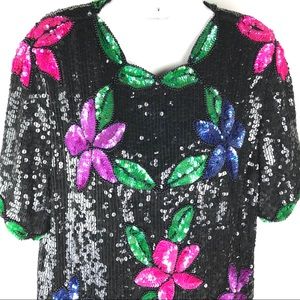 STENAY Vtg Sequined Beaded Floral Scalloped Silk S